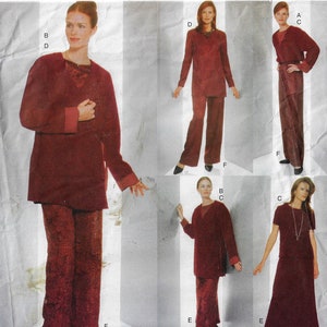 May include: A sewing pattern for a burgundy pantsuit with a long jacket and a skirt. The pattern includes different variations for the jacket and skirt.