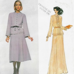 May include: Two fashion illustrations of women wearing skirt suits. The suit on the left is a light purple colour and the suit on the right is a light beige colour. Both suits feature a button-up blouse with a tie at the waist. The text "NO REFUND NO EXCHANGE" is printed on the right side of the image.