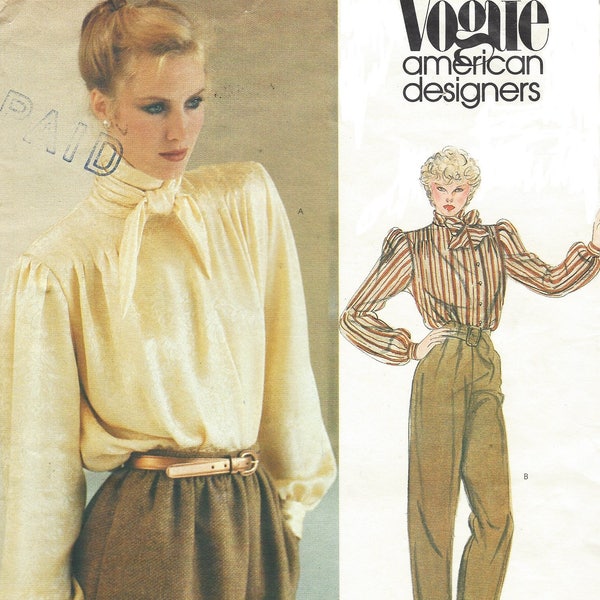 1980s Anne Klein Womens High Collar Blouse Vogue Sewing Pattern 2611 Size 10 Bust 32 1/2 FF