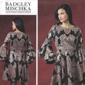 Patrón de costura de vestido ajustado y acampanado para mujer Badgley Mischka con volantes en las mangas V1594 Talla 14 16 18 20 22 Busto 36 38 40 42 44 FF