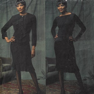 May include: Two images of a woman modeling a black skirt suit and a black long-sleeved dress. The skirt suit features a button-up jacket and a knee-length skirt. The dress has a boat neck and a similar knee-length skirt. Both outfits are classic and elegant.