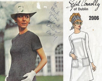 1960s Sybil Connolly Womens One Piece Dress with Saddle Stitch Trim Vogue Sewing Pattern 2006 Size 12 Bust 34