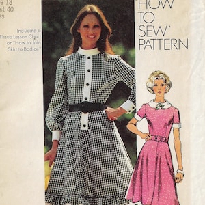 1970s Womens Dress with Flared Skirt Peter Pan Collar Sleeve Choices Simplicity Sewing Pattern 9849 Size 18 Bust 40 FF