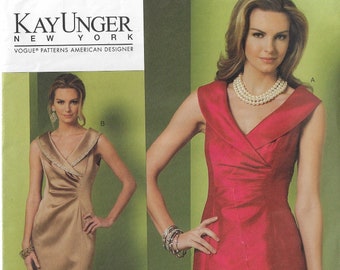 Kay Unger Womens Cocktail or Bridesmaid Dress OOP Vogue Sewing Pattern V1182 Size 16 18 20 22 Bust 38 40 42 44 FF Portrait Collar
