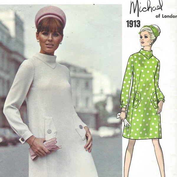 1960s Michael of London Womens Mod A Line Dress Back Button Closing Vogue Sewing Pattern 1913 Size 12 Bust 34 Label Vogue Couturier Design