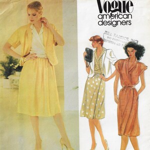 May include: A vintage sewing pattern featuring three women wearing different styles of dresses. The pattern is from Vogue American Designers and includes instructions for making a yellow skirt and jacket, a white and gold polka dot dress, and a brown dress with a wrap-style bodice.