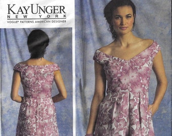 Kay Unger Womens Off the Shoulder V-Neck Dress OOP Vogue Sewing Pattern V1392 Size 8 10 12 14 16 Bust 31 1/2 to 38 FF