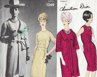 60s Christian Dior Elegant Slim Dress & Coat Vogue Sewing Pattern 1249 Size 14 Bust 34 Sew In Label Included