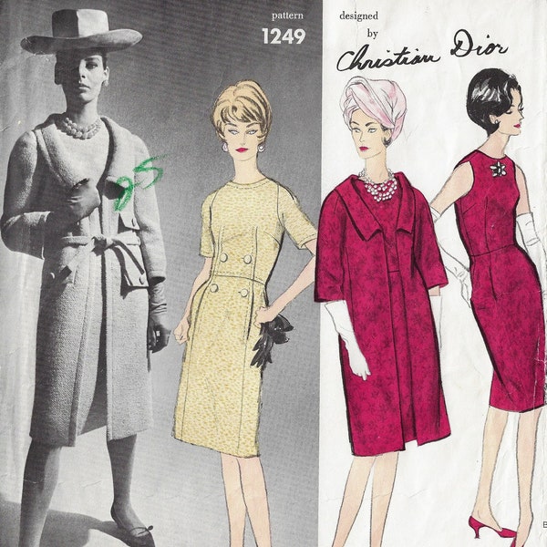 60s Christian Dior Elegant Slim Dress & Coat Vogue Sewing Pattern 1249 Size 14 Bust 34 Sew In Label Included