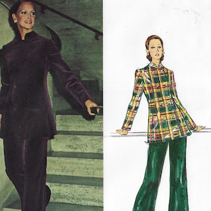May include: A fashion illustration of a woman wearing a green plaid jacket and matching green pants. The jacket has a mandarin collar and a double-breasted closure. The pants are wide-legged and have a straight silhouette.