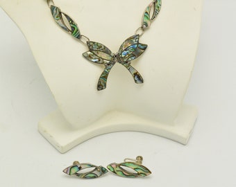 Vintage Abalone & Sterling Silver Necklace and Screw Back Earrings