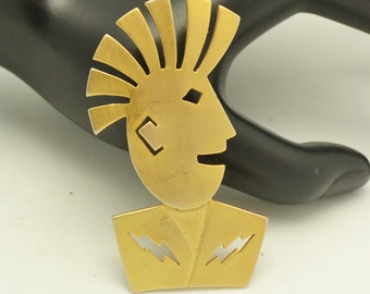 Vintage JJ Jonette Brooch Man with Spikey Hair Figural Pin in Gold Tone Metal
