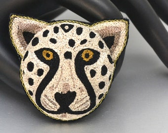 Embroidered Chain Stitch Leopard Face Brooch Great Gift for Cat Lover