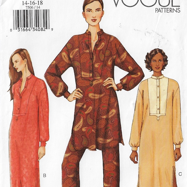 Y2K Womens Boho Pullover Dress, Tunic & Pants Vogue Sewing Pattern 7506 Size 14 16 18 Bust 36 38 40 FF