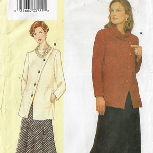 May include: A sewing pattern for a jacket and skirt. The jacket has a collar and a button fastening. The skirt is A-line and has a striped pattern. The pattern is labelled with the letters A and B.