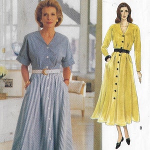 Puede incluir: Un patrón de costura para un vestido largo con botones y cinturón. El patrón incluye dos variaciones: un vestido a rayas con mangas cortas (A) y un vestido amarillo liso con mangas largas (B). El número del patrón es 8629/200.