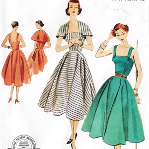 May include: Vintage sewing pattern reproduction for a dress with a fitted bodice and a full skirt. The pattern includes additional size options and cutting layouts. The dress is shown in three different styles: a striped dress with a matching cape, a solid red dress, and a solid green dress.