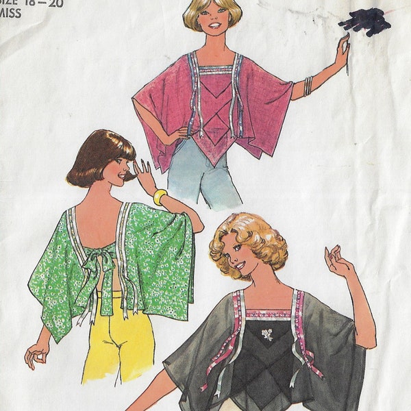 70s Womens Boho Hippie Tie Back Tops Simplicity Sewing Pattern 7897 Size 18 20 Bust 40 42 FF