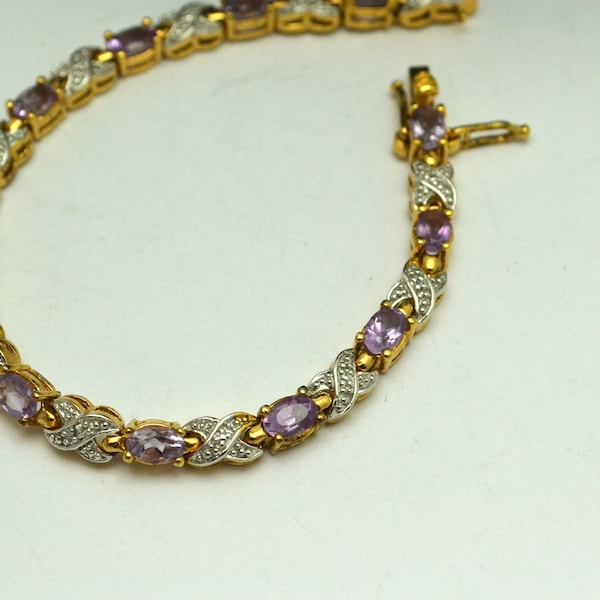 Vintage 925 Vermeil Bracelet with Amethyst Oval Stones Hugs and Kisses Gift for Her