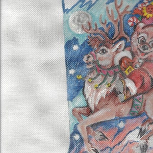 Hand Painted Christmas Needlepoint Stocking Canvas ONLY Teddy Santa Riding a Reindeer Over a Cabin 23&quot; Long