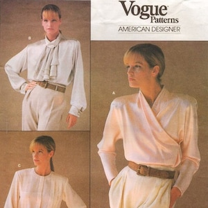 80s Calvin Klein blusas para mujer blusa blusa con Jabot Vogue patrón de costura 1792 tamaño 12 busto 34