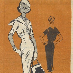 May include: A vintage illustration of two women wearing dresses. The woman on the left is wearing a white dress with a large collar and a black handbag. The woman on the right is wearing a black dress. The text "PRINTED PATTERN by Antonelli-Kleibacker" is at the bottom of the image.