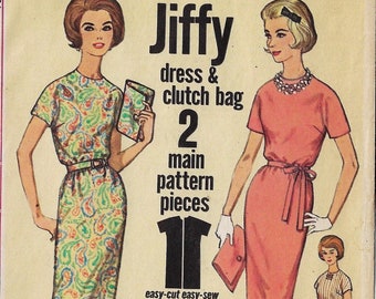 1960s Simplicity Sewing Pattern 4838 Womens Jiffy Shift Dress with Kimono Sleeves & Clutch Bag Size 16 Bust 36