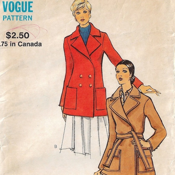 1970s Womens Classic Coat Double Breasted or Wrap Vogue Sewing Pattern 8255 Size 10 Bust 32 1/2 FF