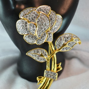 Vintage 1980s Nolan Miller Rose Brooch Signed Gold Plated & Swarovski Crystal Pin Unique Gift