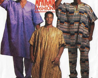 May include: Image of three men modeling African fashions. The outfits include a purple tunic and pants, a gold tunic and pants, and a patterned tunic and pants set. The text "AFRICAN FASHIONS" is visible.