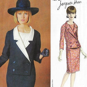 May include: A vintage sewing pattern featuring a double-breasted suit with a contrasting white collar. The pattern is by Jacques Heim and is for size 1376.