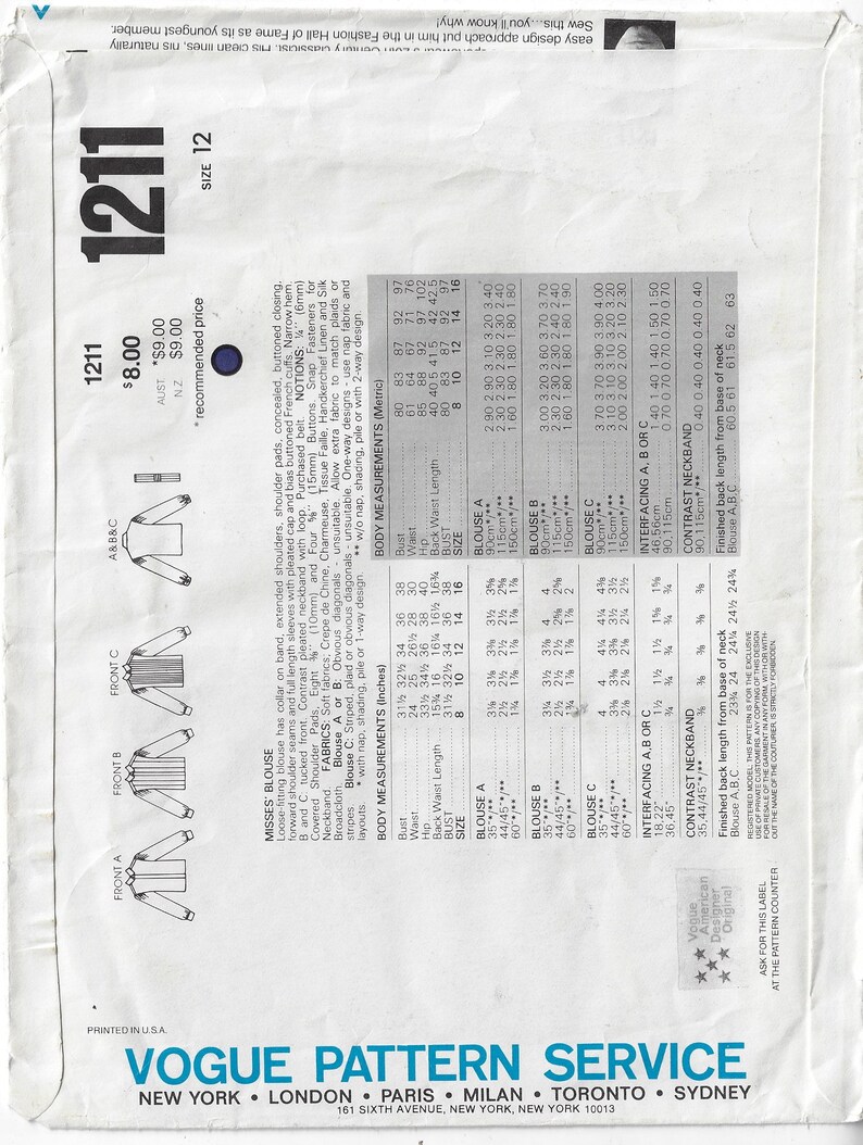 May include: A sewing pattern for a loose-fitting blouse with extended shoulders, shoulder pads, and full-length sleeves. The pattern includes instructions for a contrast pleated neckband and a buttoned closure. The pattern is for sizes 8-16.