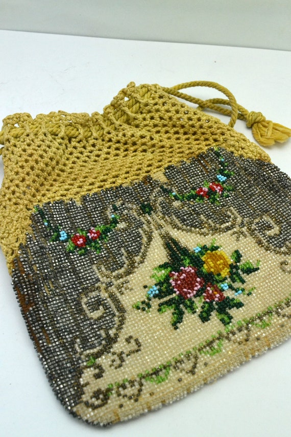 Vintage Micro Beaded Purse with Crocheted Drawstr… - image 1