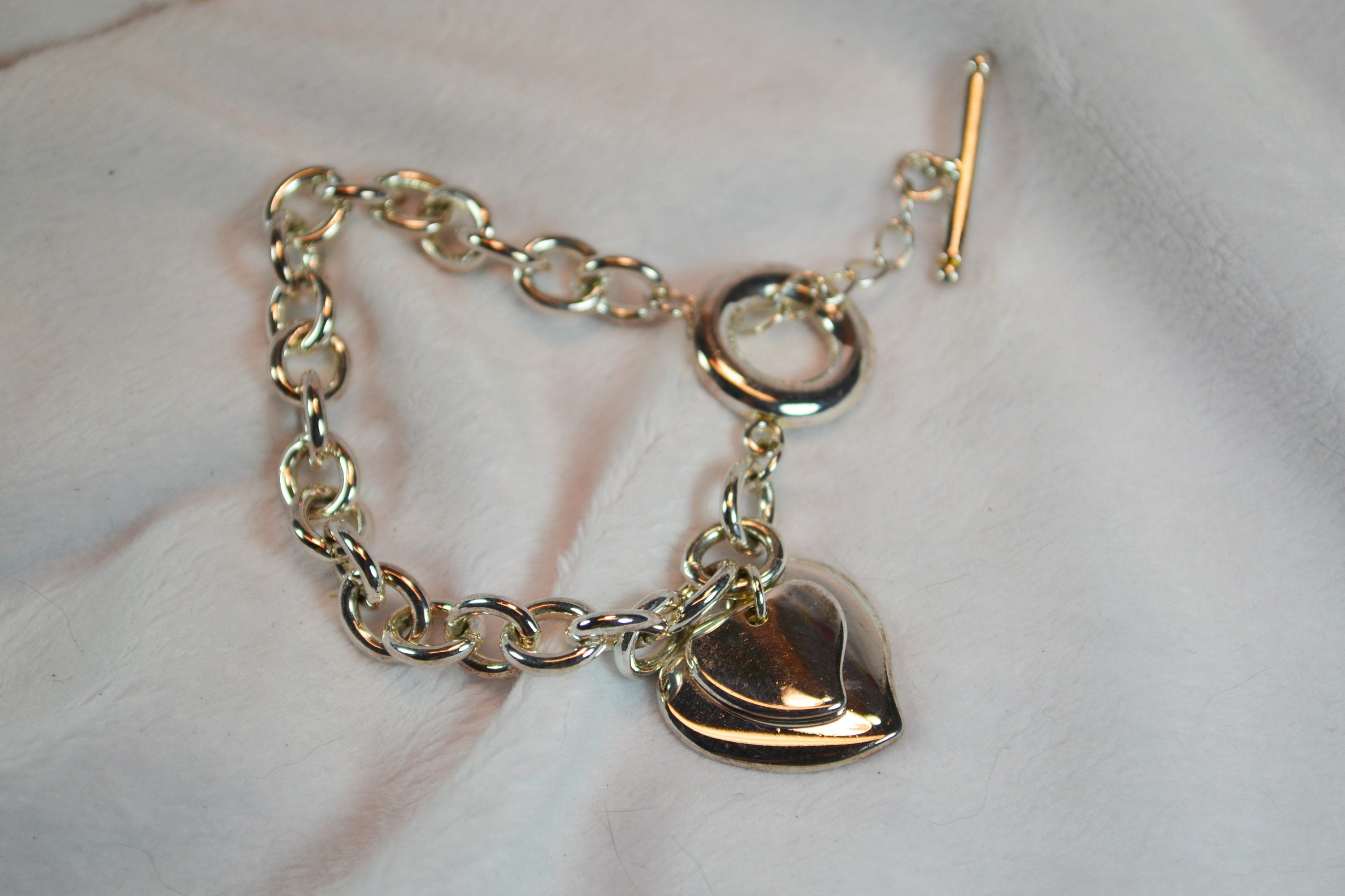 925 Silver Link Bracelet With Double Heart Charms Toggle
