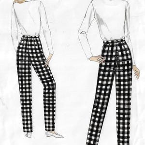 May include: Illustration of two figures wearing white long-sleeved shirts and black and white checkered pants. The pants have a high waist and a straight leg. The figures are wearing white shoes. The style is reminiscent of vintage fashion.