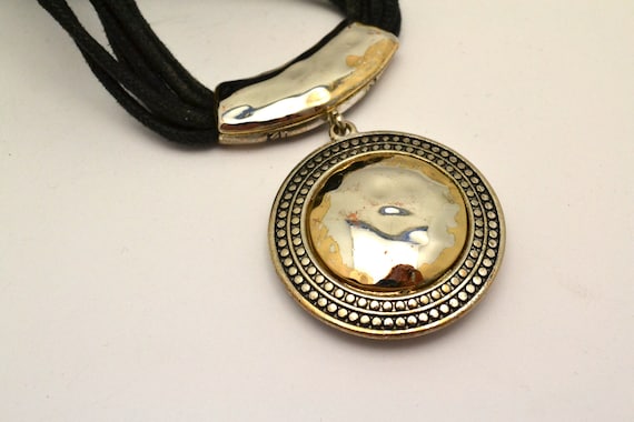 Reversible Tribal Style Necklace Silver Tone Metal Black Cords Adjustable Length