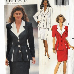 May include: A vintage sewing pattern featuring three women's suit designs. The suits are in black, white, and red, with contrasting lapels and button details. The pattern includes the text "CHETTA B" and the names of the designers.