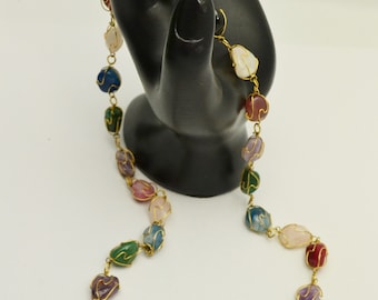 Mid Century Gold Tone Necklace with Caged Natural Semi Precious Stones Multi Color Gift for Her