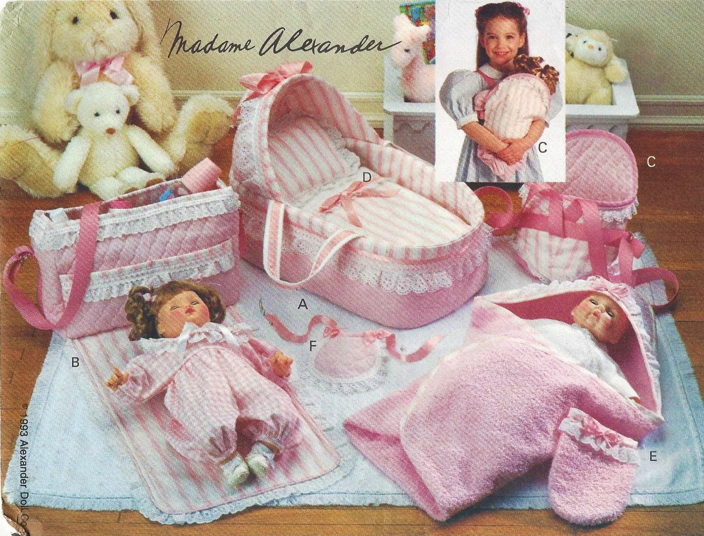 90s Madame Alexander 14 Inch Baby Doll Accessories Bassinet Lined