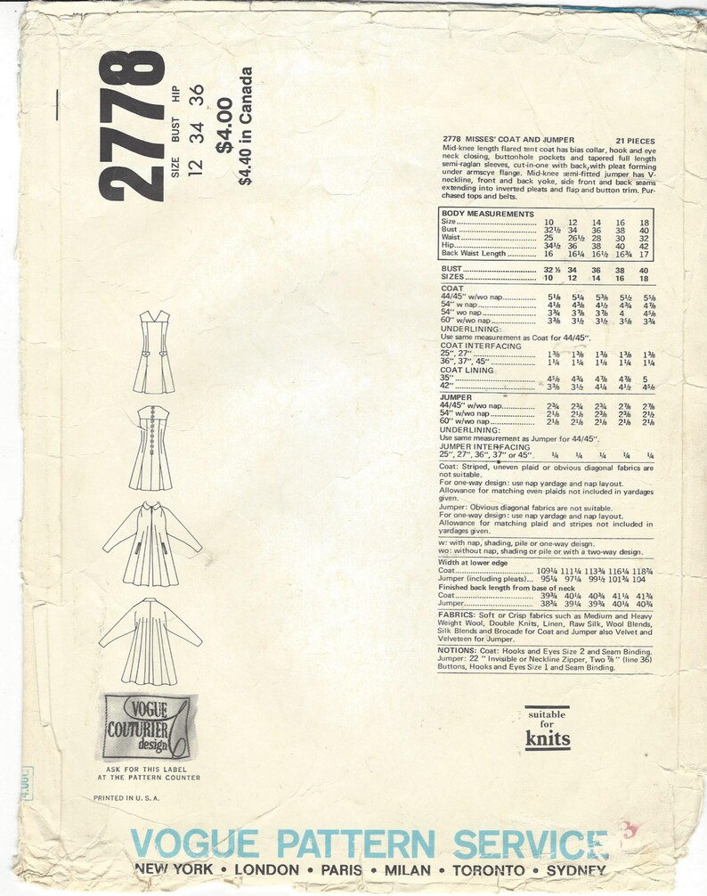 70s Sybil Connolly Womens Tent Coat /& Semi-Fitted Jumper Vogue Sewing Pattern 2778 Size 12 Bust 34