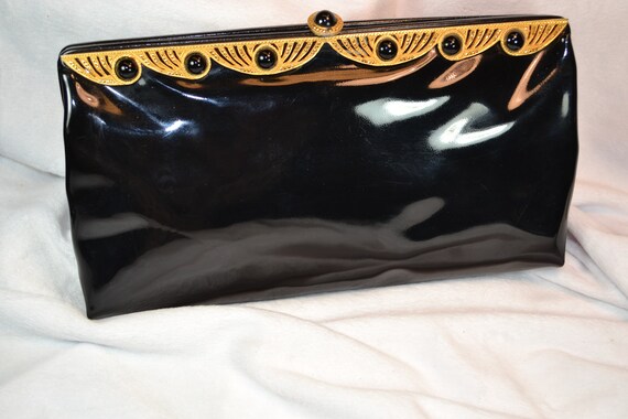 Vintage 50s Black Patent Leather Clutch Purse Fau… - image 6