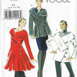 May include: A Vogue pattern featuring illustrations of three different coat designs. The coats are in red, white, and gray, with unique collar and button details. The pattern includes sizes 6-8-10-12 and the pattern number is V8465/AA.