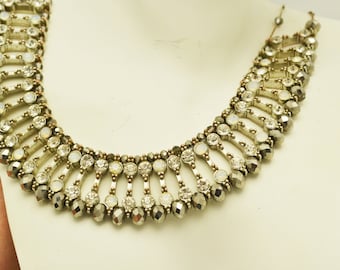 Faux Opal and Rhinestone Bib Necklace on Copper Tone Chain