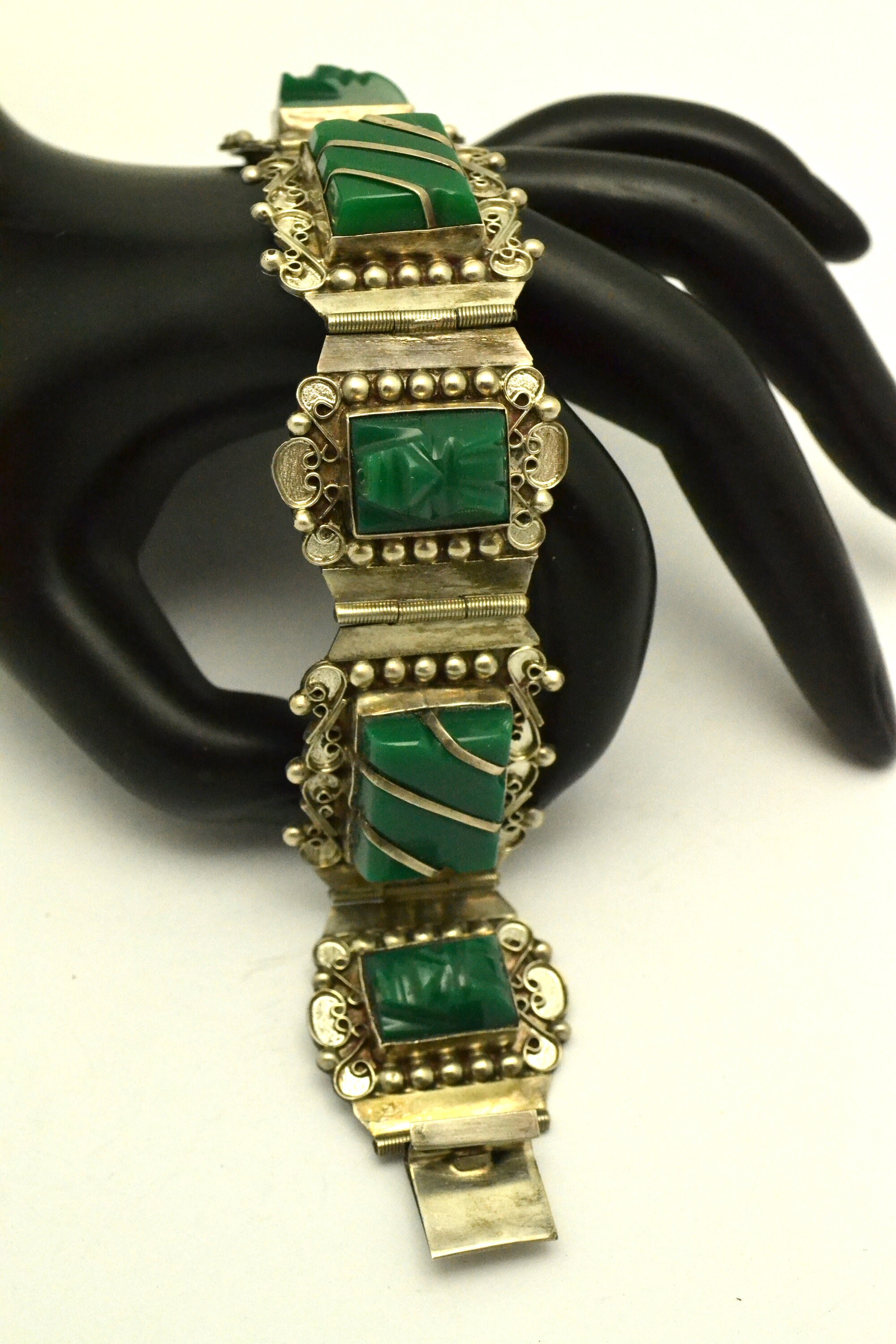 Bracelet Vintage Mexicain Taxco Des Années 1940 - Argent Sterling Et Onyx Verte - Longueur 18cm