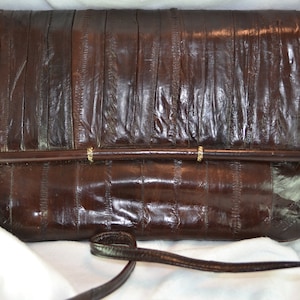 Vintage Chocolate Brown Eel Skin Handbag Shoulder Bag Envelope Style
