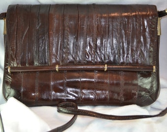 Vintage Chocolate Brown Eel Skin Handbag Shoulder Bag Envelope Style