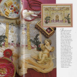 May include: A close-up of a cross-stitch embroidery depicting a grand room with ornate details. The embroidery is surrounded by various shades of gold thread, beads, and sparkles. The text "Purple gold, green gold, yellow gold, and a dozen other shades of gilded thread, along with beads, sparkles, and layer upon layer of needlework were used to convey the glamour and glitz of the Palm Court in London's Ritz Hotel." is visible in the image.