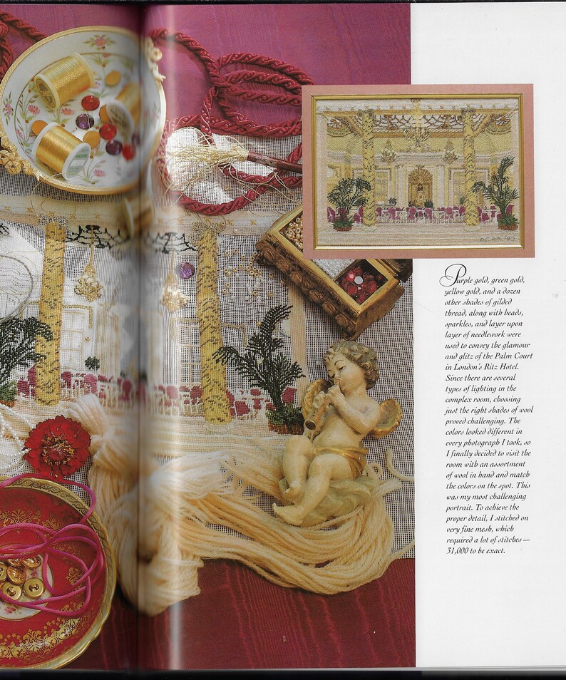 May include: A close-up of a cross-stitch embroidery depicting a grand room with ornate details. The embroidery is surrounded by various shades of gold thread, beads, and sparkles. The text "Purple gold, green gold, yellow gold, and a dozen other shades of gilded thread, along with beads, sparkles, and layer upon layer of needlework were used to convey the glamour and glitz of the Palm Court in London's Ritz Hotel." is visible in the image.