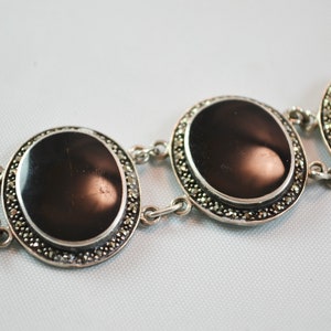 Vintage Black Onyx and Marcasite Link Bracelet Sterling Silver 925 Statement Bracelet