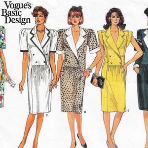 May include: A sewing pattern for a dress with four different variations. The dress has a double-breasted closure, a collar, and a skirt with a gathered waist. The variations include a floral print, a white dress, a polka dot dress, and a yellow dress.